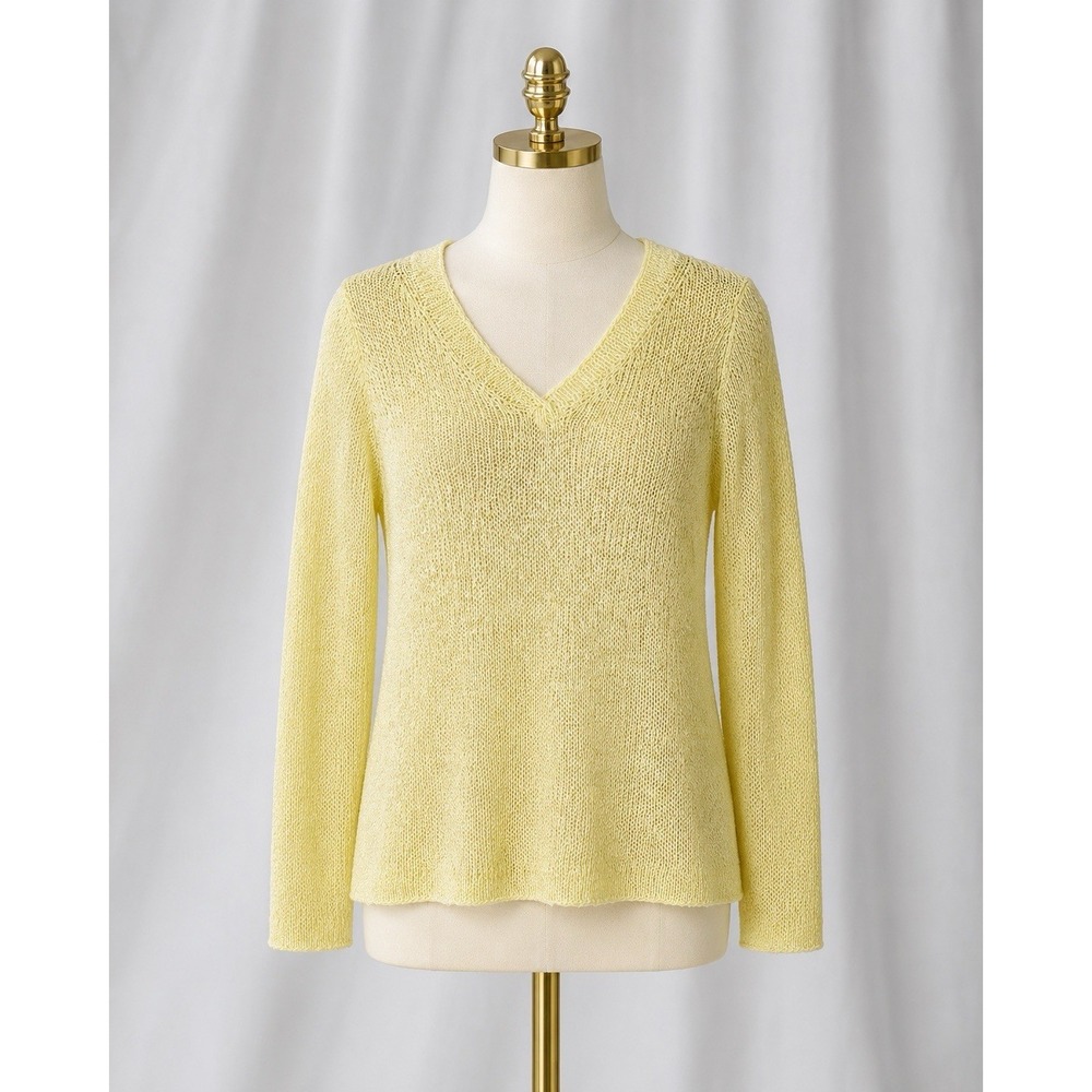 Eileen Fisher Linen Pullover Knit Sweater Butter Yellow V Neck Long Slv Size‎ M